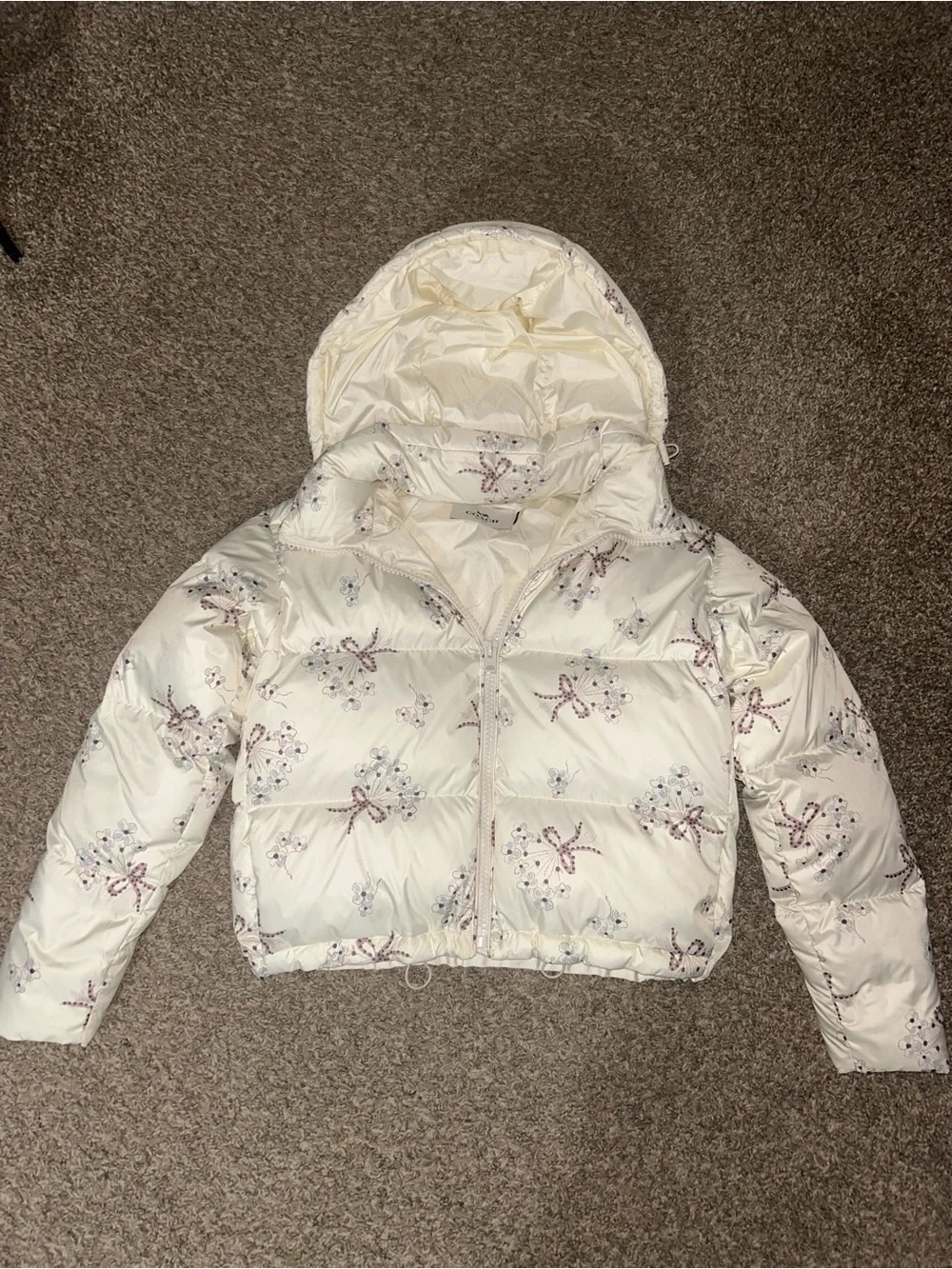 NWOT! Coach Off- White Floral Bow Print Puffer Jacket with Hood size S